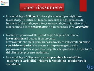 …per riassumere
 La metodologia 6-Sigma fornisce gli strumenti per migliorare
la capability (in Italiano: idoneità, capacità) di ogni processo di
business (industriale, operativo, commerciale, organizzativo, ecc.),
aumentando la loro performance e diminuendo la loro variabilità.
 L'obiettivo primario della metodologia 6-Sigma é di ridurre
la variabilità nell'output di un processo.
E' verosimile che molti processi possano essere influenzati da cause
specifiche o speciali che creano un impatto negativo sulla
performance globale di processo rispetto alle specifiche od aspettative
del cliente del processo medesimo.
 La metodologia 6-Sigma mira a: comprendere la variabilità -
misurare la variabilità - ridurre la variabilità - monitorare la
variabilità.
 