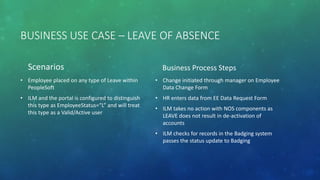 BUSINESS USE CASE – LEAVE OF ABSENCE
Scenarios
• Employee placed on any type of Leave within
PeopleSoft
• ILM and the portal is configured to distinguish
this type as EmployeeStatus=“L” and will treat
this type as a Valid/Active user
Business Process Steps
• Change initiated through manager on Employee
Data Change Form
• HR enters data from EE Data Request Form
• ILM takes no action with NOS components as
LEAVE does not result in de-activation of
accounts
• ILM checks for records in the Badging system
passes the status update to Badging
 