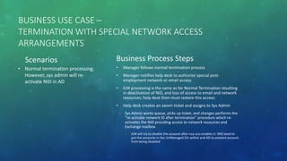 BUSINESS USE CASE –
TERMINATION WITH SPECIAL NETWORK ACCESS
ARRANGEMENTS
Scenarios
• Normal termination processing;
However, sys admin will re-
activate NID in AD
Business Process Steps
• Manager follows normal termination process
• Manager notifies help desk to authorize special post-
employment network or email access
• ILM processing is the same as for Normal Termination resulting
in deactivation of NID, and loss of access to email and network
resources; help desk then must restore this access:
• Help desk creates an axiom ticket and assigns to Sys Admin
• Sys Admin works queue, picks up ticket, and changes performs the
“re-activate network ID after termination” procedure which re-
activates the NID providing access to network resources and
Exchange mailbox
• ILM will try to disable the account after help desk enables it. Will need to
put the accounts in the UnManaged OU within and AD to prevent account
from being disabled
 