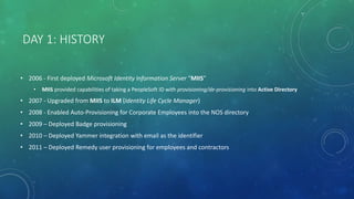 DAY 1: HISTORY
• 2006 - First deployed Microsoft Identity Information Server “MIIS”
• MIIS provided capabilities of taking a PeopleSoft ID with provisioning/de-provisioning into Active Directory
• 2007 - Upgraded from MIIS to ILM (Identity Life Cycle Manager)
• 2008 - Enabled Auto-Provisioning for Corporate Employees into the NOS directory
• 2009 – Deployed Badge provisioning
• 2010 – Deployed Yammer integration with email as the identifier
• 2011 – Deployed Remedy user provisioning for employees and contractors
 