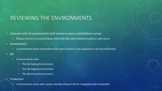REVIEWING THE ENVIRONMENTS
• Cohesion with all environments shall remain in place until platform sunset
• Physical Servers running Windows 2003 with SQL 2005 installed locally on each server
• Development
• 1 environment exists and performs the same functions and capability as QA and Production
• QA
• 3 environments exist
• The QA Testing Environment
• The QA Staging Environment
• The QA Virtual Environment
• Production
• 1 environment exists with a warm-standby Physical Server integrated with PeopleSoft
 