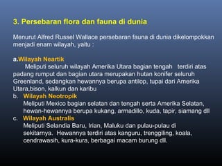 3. Persebaran flora dan fauna di dunia
Menurut Alfred Russel Wallace persebaran fauna di dunia dikelompokkan
menjadi enam wilayah, yaitu :
a.Wilayah Neartik
Meliputi seluruh wilayah Amerika Utara bagian tengah terdiri atas
padang rumput dan bagian utara merupakan hutan konifer seluruh
Greenland, sedangkan hewannya berupa antilop, tupai dari Amerika
Utara,bison, kalkun dan karibu
b. Wilayah Neotropik
Meliputi Mexico bagian selatan dan tengah serta Amerika Selatan,
hewan-hewannya berupa kukang, armadillo, kuda, tapir, siamang dll
c. Wilayah Australis
Meliputi Selandia Baru, Irian, Maluku dan pulau-pulau di
sekitarnya. Hewannya terdiri atas kanguru, trenggiling, koala,
cendrawasih, kura-kura, berbagai macam burung dll.
 