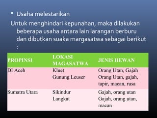  Usaha melestarikan
Untuk menghindari kepunahan, maka dilakukan 
beberapa usaha antara lain larangan berburu 
dan dibutkan suaka margasatwa sebagai berikut 
:
PROPINSI
LOKASI
MAGASATWA
JENIS HEWAN
DI Aceh Kluet
Gunung Leuser
Orang Utan, Gajah
Orang Utan, gajah,
tapir, macan, rusa
Sumatra Utara Sikindur
Langkat
Gajah, orang utan
Gajah, orang utan,
macan
 