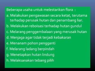 Beberapa usaha untuk melestarikan flora :
a. Melakukan pengawasan secara ketat, terutama
terhadap perusak hutan dan penambang liar.
b. Melakukan reboisasi terhadap hutan gundul
c. Melarang penggembalaan yang merusak hutan
d. Menjaga agar tidak terjadi kebakaran
e. Menanam pohon pengganti
f. Melarang ladang berpindah
g. Menetapkan hutan lindung
h. Melaksanakan tebang pilih
 