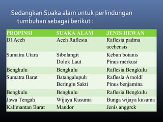 Sedangkan Suaka alam untuk perlindungan
tumbuhan sebagai berikut :
PROPINSI SUAKA ALAM JENIS HEWAN
DI Aceh Aceh Raflesia Raflesia padma
acehensis
Sumatra Utara Sibolangit
Dolok Laut
Kebun botanis
Pinus merkusi
Bengkulu Bengkulu Raflesia Bengkulu
Sumatra Barat Batangalupuh
Beringin Sakti
Raflesia Arnoldi
Pinus benjamina
Bengkulu Bengkulu Raflesia Bengkulu
Jawa Tengah Wijaya Kusuma Bunga wijaya kusuma
Kalimantan Barat Mandor Jenis anggrek
 