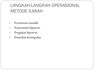 LANGKAH-LANGKAH OPERASIONAL
METODE ILMIAH
1. Perumusan masalah
2. Penyusunan hipotesis
3. Pengujian hipotesis
4. Penarikan kesimpulan
 