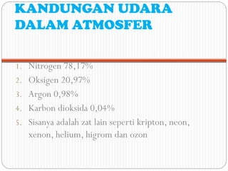 KANDUNGAN UDARA
DALAM ATMOSFER
1. Nitrogen 78,17%
2. Oksigen 20,97%
3. Argon 0,98%
4. Karbon dioksida 0,04%
5. Sisanya adalah zat lain seperti kripton, neon,
xenon, helium, higrom dan ozon
 