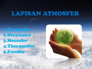 LAPISAN ATMOSFER
1.Troposfer
2.Stratosfer
3.Mesosfer
4.Thermosfer
5.Exosfer
 