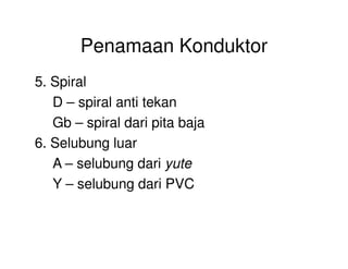 Penamaan Konduktor
5. Spiral
D – spiral anti tekan
Gb – spiral dari pita baja
6. Selubung luar
A – selubung dari yute
Y – selubung dari PVC
 