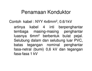Penamaan Konduktor
Contoh kabel : NYY 4x6mm2, 0.6/1kV
artinya kabel 4 inti berpenghantar
tembaga masing-masing penghantar
luasnya 6mm2 berbentuk bulat pejal.luasnya 6mm2 berbentuk bulat pejal.
Selubung dalam dan selubung luar PVC,
batas tegangan nominal penghantar
fasa-netral (bumi) 0,6 kV dan tegangan
fasa-fasa 1 kV
 