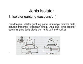 Jenis Isolator
1. Isolator gantung (suspension)
Gandengan isolator gantung pada umumnya dipakai pada
saluran transmisi tegangan tinggi. Ada dua jenis isolator
gantung, yaitu jenis clevis dan jenis ball-and-socket.
.
 