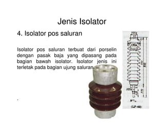 Jenis Isolator
4. Isolator pos saluran
Isolator pos saluran terbuat dari porselin
dengan pasak baja yang dipasang pada
bagian bawah isolator. Isolator jenis inibagian bawah isolator. Isolator jenis ini
terletak pada bagian ujung saluran.
.
 