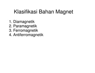Klasifikasi Bahan Magnet
1. Diamagnetik
2. Paramagnetik
3. Ferromagnetik
4. Antiferromagnetik4. Antiferromagnetik
 