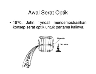 Awal Serat Optik
• 1870, John Tyndall mendemostrasikan
konsep serat optik untuk pertama kalinya.
 
