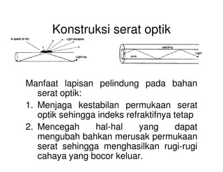 Konstruksi serat optik
Manfaat lapisan pelindung pada bahan
(a) Tanpa lapisan pelindung (b) Dengan lapisan pelindung
Manfaat lapisan pelindung pada bahan
serat optik:
1. Menjaga kestabilan permukaan serat
optik sehingga indeks refraktifnya tetap
2. Mencegah hal-hal yang dapat
mengubah bahkan merusak permukaan
serat sehingga menghasilkan rugi-rugi
cahaya yang bocor keluar.
 