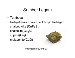 Sumber Logam
• Tembaga
terdapat di alam dalam bentuk bijih tembaga :
chalcopyrite (CuFeS2)
chalcolite(Cu2S)
cuprite(Cu2O)
malaconite(CuO)
chalcopyrite (CuFeS2)
 