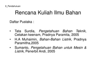 Rencana Kuliah Ilmu Bahan
Daftar Pustaka :
• Tata Surdia, Pengetahuan Bahan Teknik,
Cetakan keenam, Pradnya Paramita, 2005
0_Pendahuluan
• H.A Muhaimin, Bahan-Bahan Listrik, Pradnya
Paramitha,2005
• Sumanto, Pengetahuan Bahan untuk Mesin &
Listrik, Penerbit Andi, 2005
 