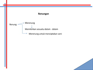 Renungan


         Merenung
Renung
         Memikirkan sesuatu dalam - dalam

            Merenung untuk menciptakan seni
 