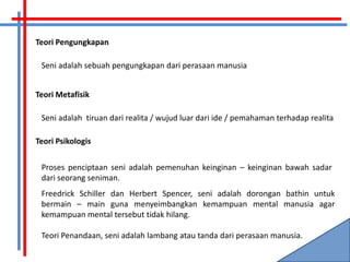 Teori Pengungkapan

 Seni adalah sebuah pengungkapan dari perasaan manusia


Teori Metafisik

 Seni adalah tiruan dari realita / wujud luar dari ide / pemahaman terhadap realita

Teori Psikologis


 Proses penciptaan seni adalah pemenuhan keinginan – keinginan bawah sadar
 dari seorang seniman.
 Freedrick Schiller dan Herbert Spencer, seni adalah dorongan bathin untuk
 bermain – main guna menyeimbangkan kemampuan mental manusia agar
 kemampuan mental tersebut tidak hilang.

 Teori Penandaan, seni adalah lambang atau tanda dari perasaan manusia.
 
