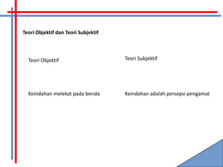 Teori Objektif dan Teori Subjektif




  Teori Objektif                     Teori Subjektif




  Keindahan melekat pada benda       Keindahan adalah persepsi pengamat
 