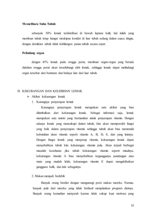 12 
Memelihara Suhu Tubuh 
sebanyak 50% lemak terdistribusi di bawah lapisan kulit, hal inilah yang 
membuat tubuh tetap hangat meskipun kondisi di luar tubuh sedang dalam cuaca dingin, 
dengan demikian tubuh tidak kehilangan panas tubuh secara cepat. 
Pelindung organ 
dengan 45% lemak pada rongga perut, membuat organ-organ yang berada 
didalam rongga perut akan terselubungi oleh lemak, sehingga lemak dapat melindungi 
organ tersebut dari benturan dan bahaya lain dari luar tubuh. 
D. KEKURANGAN DAN KELEBIHAN LEMAK 
 Akibat kekurangan lemak 
1. Kurangnya penyerapan lemak 
Kurangnya penyerapan lemak merupakan satu akibat yang bisa 
ditimbulkan dari kekurangan lemak. Sebagai informasi saja, lemak 
merupakan satu nutrisi yang bermanfaat untuk penyerapan vitamin. Dengan 
adanya lemak yang mencukupi dalam tubuh, kita akan memperoleh fungsi 
yang baik dalam penyerapan vitamin sehingga tubuh akan bisa memenuhi 
kebutuhan akan vitamin seperti vitamin A, B, D, E, dan yang lainnya. 
Dengan fungsi lemak yang menyerap vitamin, kekurangan lemak dapat 
menyebabkan tubuh kita kekurangan vitamin pula. Akan terjadi berbagai 
masalah kesehatan jika tubuh kekurangan vitamin seperti misalnya, 
kekurangan vitamin A bisa menyebabkan terganggunya pandangan atau 
mata yang mudah lelah, kekurangan vitamin E dapat mengakibatkan 
gangguan kulit, dan lain sebagainya. 
2. Makan menjadi berlebih 
Banyak orang berdiet dengan mengurangi porsi makan mereka. Namun, 
banyak pula dari mereka yang tidak berhasil menjalankan program dietnya. 
Banyak orang kemudian menyerah karena tidak cukup kuat motivasi yang 
 