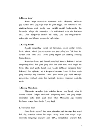 7 
2. Kacang kenari 
Kenari hanya memberikan kenikmatan ketika dikonsumsi, melainkan 
juga sumber nutrisi yang kaya lemak tak jenuh tunggal. Jenis makanan ini telah 
direkomendasikan untuk mereka yang memiliki masalah kardiovaskular dan 
bermanfaat sebagai sifat anti-kanker, efek anti-inflamasi, serta sifat kesehatan 
otak. Untuk memperoleh manfaat dari kenari, Anda bisa mengonsumsinya 
dalam salad atau hidangan sayuran dan buah-buahan. 
3. Kacang Kedelai 
Kedelai mengandung banyak zat bermanfaat, seperti sumber protein, 
lemak, vitamin, mineral, juga merupakan serat yang paling baik. Tak hanya itu, 
susunan asam amino pada kedelai paling lengkap dan seimbang dibanding 
kacang lainnya. 
Kandungan lemak pada kedelai aman bagi penderita kolesterol. Kedelai 
mengandung lemak tidak jenuh yang terdiri dari lemak tidak jenuh tunggal dan 
lemak tidak jenuh ganda. Lemak pada kedelai berkhasiat mengurangi kadar 
kolesterol dan trigliserida, yakni komponen-komponen lemak di dalam darah 
yang berbahaya bagi kesehatan. Lemak pada kedelai juga dapat mencegah 
penyempitan pembuluh darah dan mencegah timbulnya pengerasan pembuluh 
darah. 
4. Kacang Macadamia 
Macadamia merupakan jenis tumbuhan kacang yang banyak hidup di 
daratan Australia. Minyak macadamia mengandung lemak baik yang mampu 
menurunkan kadar lemak jahat dalam tubuh. Macadamia juga memiliki 
kandungan omega 3 dan vitamin E yang tinggi. 
5. Tumbuhan Laut 
Asam lemak omega-3 juga dapat ditemukan pada tumbuhan laut seperti 
krill, alga, beberapa tanaman dan minyak kacang. Asam lemak omega-3 dapat 
membantu mengurangi kolesterol jahat (LDL), meningkatkan kolesterol baik 
 