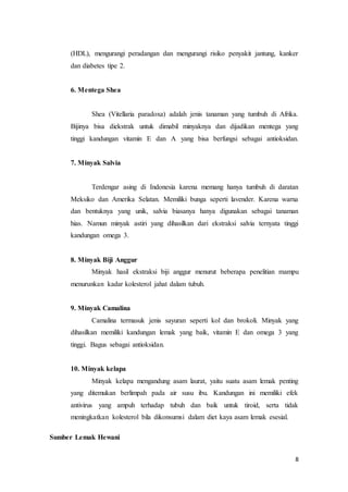 (HDL), mengurangi peradangan dan mengurangi risiko penyakit jantung, kanker 
dan diabetes tipe 2. 
8 
6. Mentega Shea 
Shea (Vitellaria paradoxa) adalah jenis tanaman yang tumbuh di Afrika. 
Bijinya bisa diekstrak untuk dimabil minyaknya dan dijadikan mentega yang 
tinggi kandungan vitamin E dan A yang bisa berfungsi sebagai antioksidan. 
7. Minyak Salvia 
Terdengar asing di Indonesia karena memang hanya tumbuh di daratan 
Meksiko dan Amerika Selatan. Memiliki bunga seperti lavender. Karena warna 
dan bentuknya yang unik, salvia biasanya hanya digunakan sebagai tanaman 
hias. Namun minyak astiri yang dihasilkan dari ekstraksi salvia ternyata tinggi 
kandungan omega 3. 
8. Minyak Biji Anggur 
Minyak hasil ekstraksi biji anggur menurut beberapa penelitian mampu 
menurunkan kadar kolesterol jahat dalam tubuh. 
9. Minyak Camalina 
Camalina termasuk jenis sayuran seperti kol dan brokoli. Minyak yang 
dihasilkan memiliki kandungan lemak yang baik, vitamin E dan omega 3 yang 
tinggi. Bagus sebagai antioksidan. 
10. Minyak kelapa 
Minyak kelapa mengandung asam laurat, yaitu suatu asam lemak penting 
yang ditemukan berlimpah pada air susu ibu. Kandungan ini memiliki efek 
antivirus yang ampuh terhadap tubuh dan baik untuk tiroid, serta tidak 
meningkatkan kolesterol bila dikonsumsi dalam diet kaya asam lemak esesial. 
Sumber Lemak Hewani 
 