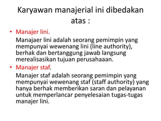 Karyawan manajerial ini dibedakan
atas :
• Manajer lini.
Manajaer lini adalah seorang pemimpin yang
mempunyai wewenang lini (line authority),
berhak dan bertanggung jawab langsung
merealisasikan tujuan perusahaaan.
• Manajer staf.
Manajer staf adalah seorang pemimpin yang
mempunyai wewenang staf (staff authority) yang
hanya berhak memberikan saran dan pelayanan
untuk memperlancar penyelesaian tugas-tugas
manajer lini.
 