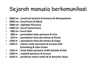 Sejarah manusia berkomunikasi
• 4000 sm : tanah liat bertulis di Sumeria & Mesopotamia
• 3000 sm : huruf kuno di Mesir
• 1800 sm : alphabet Phunesia
• 1000 sm : huruf Yunani Kuno
• 600 sm : huruf latin
• 600 m : percetakan buku pertama di Cina
• 676 m : pemakaian tinta dan kertas di Persia
• 1200 m : pemakaian tinta dan kertas di Eropa
• 1450 m : teknik cetak mencetak di Jerman oleh
Gutenberg & John Coster
• 1562 m : Surat kabar pertama terbit berkala di Itali
• 1594 m : majalah pertama di Jerman
• 1639 m ; pendirian mesin cetak SK di Amerika Utara
 