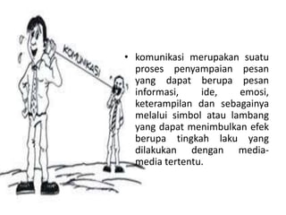 • komunikasi merupakan suatu
proses penyampaian pesan
yang dapat berupa pesan
informasi, ide, emosi,
keterampilan dan sebagainya
melalui simbol atau lambang
yang dapat menimbulkan efek
berupa tingkah laku yang
dilakukan dengan media-
media tertentu.
 