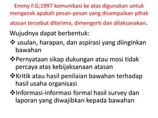 Emmy F.G;1997 komunikasi ke atas digunakan untuk
mengecek apakah pesan-pesan yang disampaikan pihak
atasan tersebut diterima, dimengerti dan dilaksanakan.
Wujudnya dapat berbentuk:
 usulan, harapan, dan aspirasi yang diinginkan
bawahan
Pernyataan sikap dukungan atau mosi tidak
percaya atas kebijaksanaan atasan
Kritik atau hasil penilaian bawahan terhadap
hasil usaha organisasi
Informasi-informasi formal hasil survey dan
laporan yang diwajibkan kepada bawahan
 