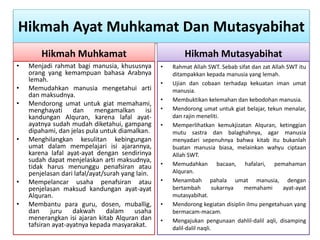 Hikmah Ayat Muhkamat Dan Mutasyabihat
Hikmah Muhkamat
• Menjadi rahmat bagi manusia, khususnya
orang yang kemampuan bahasa Arabnya
lemah.
• Memudahkan manusia mengetahui arti
dan maksudnya.
• Mendorong umat untuk giat memahami,
menghayati dan mengamalkan isi
kandungan Alquran, karena lafal ayat-
ayatnya sudah mudah diketahui, gampang
dipahami, dan jelas pula untuk diamalkan.
• Menghilangkan kesulitan kebingungan
umat dalam mempelajari isi ajarannya,
karena lafal ayat-ayat dengan sendirinya
sudah dapat menjelaskan arti maksudnya,
tidak harus menunggu penafsiran atau
penjelasan dari lafal/ayat/surah yang lain.
• Mempelancar usaha penafsiran atau
penjelasan maksud kandungan ayat-ayat
Alquran.
• Membantu para guru, dosen, muballig,
dan juru dakwah dalam usaha
menerangkan isi ajaran kitab Alquran dan
tafsiran ayat-ayatnya kepada masyarakat.
Hikmah Mutasyabihat
• Rahmat Allah SWT. Sebab sifat dan zat Allah SWT itu
ditampakkan kepada manusia yang lemah.
• Ujian dan cobaan terhadap kekuatan iman umat
manusia.
• Membuktikan kelemahan dan kebodohan manusia.
• Mendorong umat untuk giat belajar, tekun menalar,
dan rajin meneliti.
• Memperlihatkan kemukjizatan Alquran, ketinggian
mutu sastra dan balaghahnya, agar manusia
menyadari sepenuhnya bahwa kitab itu bukanlah
buatan manusia biasa, melainkan wahyu ciptaan
Allah SWT.
• Memudahkan bacaan, hafalari, pemahaman
Alquran.
• Menambah pahala umat manusia, dengan
bertambah sukarnya memahami ayat-ayat
mutasyabihat.
• Mendorong kegiatan disiplin ilmu pengetahuan yang
bermacam-macam.
• Mengajukan pengunaan dahlil-dalil aqli, disamping
dalil-dalil naqli.
 