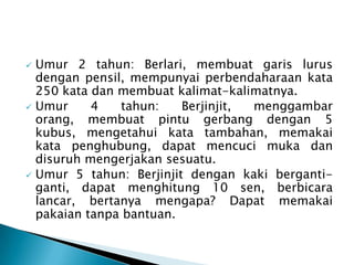  Umur 2 tahun: Berlari, membuat garis lurus
dengan pensil, mempunyai perbendaharaan kata
250 kata dan membuat kalimat-kalimatnya.
 Umur 4 tahun: Berjinjit, menggambar
orang, membuat pintu gerbang dengan 5
kubus, mengetahui kata tambahan, memakai
kata penghubung, dapat mencuci muka dan
disuruh mengerjakan sesuatu.
 Umur 5 tahun: Berjinjit dengan kaki berganti-
ganti, dapat menghitung 10 sen, berbicara
lancar, bertanya mengapa? Dapat memakai
pakaian tanpa bantuan.
 