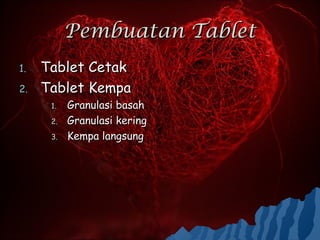 Pembuatan Tablet
1.   Tablet Cetak
2.   Tablet Kempa
      1.   Granulasi basah
      2.   Granulasi kering
      3.   Kempa langsung
 