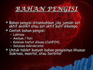 BAHAN PENGISI

 Bahan pengisi ditambahkan jika jumlah zat
  aktif sedikit atau zat aktif sulit dikempa
 Contoh bahan pengisi:
    –   Laktosa
    –   Amilum / Pati
    –   Kalsium fosfat dibase (CaHPO4)
    –   Selulosa mikrokristal
   Untuk tablet kunyah bahan pengisinya khusus:
    Sukrosa, manitol, atau Sorbitol
 