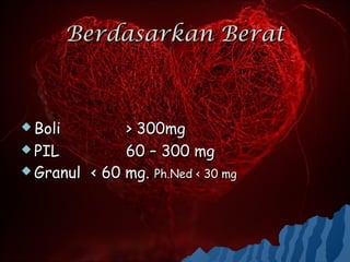 Berdasarkan Berat



 Boli        > 300mg
 PIL         60 – 300 mg
 Granul < 60 mg. Ph.Ned < 30 mg
 