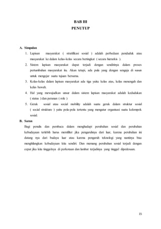 15
BAB III
PENUTUP
A. Simpulan
1. Lapisan masyarakat ( stratifikasi sosial ) adalah perbedaan penduduk atau
masyarakat ke dalam kelas-kelas secara bertingkat ( secara hierarkis ).
2. Sistem lapisan masyarakat dapat terjadi dengan sendirinya dalam proses
pertumbuhan masyarakat itu. Akan tetapi, ada pula yang dengan sengaja di susun
untuk mengejar suatu tujuan bersama.
3. Kelas-kelas dalam lapisan masyarakat ada tiga yaitu: kelas atas, kelas menengah dan
kelas bawah.
4. Hal yang mewujudkan unsur dalam sistem lapisan masyarakat adalah kedudukan
( status ) dan peranan ( role )
5. Gerak sosial atau social mobility adalah suatu gerak dalam struktur sosial
( social strukture ) yaitu pola-pola tertentu yang mengatur organisasi suatu kelompok
sosial.
B. Saran
Bagi penulis dan pembaca dalam menghadapi perubahan sosial dan perubahan
kebudayaan terlebih harus memfilter jika pengaruhnya dari luar, karena perubahan ini
datang nya dari budaya luar atau karena pengaruh teknologi yang nantinya bisa
menghilangkan kebudayaan kita sendiri. Dan memang perubahan sosial terjadi dengan
cepat jika kita tinggalnya di perkotaan dan lambat terjadinya yang tinggal dipedesaan.
 