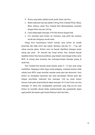 12 
b. Warna yang diakui adalah merah, putih, hitam, dan biru. 
c. Bobot maksimal rata-rata adalah 5,44 kg (New Zealand White, Black, 
Blue). Khusus untuk New Zealand Red dikelompokkan tersendiri 
dengan bobot rata-rata 3,62 kg. 
d. Lama hidup dapat mencapai 10 th bila dirawat dengan baik. 
e. Ciri menonjol jenis kelinci ini warnanya yang putih dan matanya 
merah dan telinganya merah muda. 
Orang Jawa menyebutnya kelinci australi, jenis kelinci ini mudah 
perawatan dan tidak rewel soal makan. Beratnya rata-rata 4,5 – 5 kg, jadi 
cukup menyita pakan. Kelinci jenis ini banyak dipelihara kalangan petani 
Jateng dan jatim . Di Amerika dan Eropa kelinci New Zealand banyak 
dijadikan kelinci hias karena polahnya yang hampir sama dengan kelinci jenis 
REX. Ia senang akan keramain dan melompat-lompat ditempat girang di 
tanah luas. 
New Zealand bisa beranak pinak banyak antara 8 - 12 ekor anak setiap 
melahirkan. Dagingnya tebal, bagus untuk pedaging, walaupun bulunya tidak 
sehalus jenis REX, tetapi memiliki manfaat untuk jaket dan aksesories. Jenis 
kelinci ini merupakan keturunan dari hasil persilangan flemish giant dan 
belgian here.Bobot maksimal bisa mencapai 5,44 kq untuk kelinci 
dewasa.Anak pada setiap kelahiran dapat mencapai 10-12 ekor.Umur nya bisa 
mencapai 10 tahun bila mendapatkan perawatan yang baik.ciri-ciri jenis 
kelinci ini memiliki ukuran badan medium,bundar dan gempal,kaki depan 
agak pendek dan kepala agak bundar.Bulunya tebal dan halus. 
 