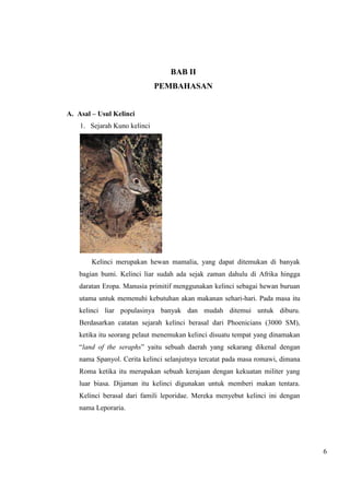 6 
BAB II 
PEMBAHASAN 
A. Asal – Usul Kelinci 
1. Sejarah Kuno kelinci 
Kelinci merupakan hewan mamalia, yang dapat ditemukan di banyak 
bagian bumi. Kelinci liar sudah ada sejak zaman dahulu di Afrika hingga 
daratan Eropa. Manusia primitif menggunakan kelinci sebagai hewan buruan 
utama untuk memenuhi kebutuhan akan makanan sehari-hari. Pada masa itu 
kelinci liar populasinya banyak dan mudah ditemui untuk diburu. 
Berdasarkan catatan sejarah kelinci berasal dari Phoenicians (3000 SM), 
ketika itu seorang pelaut menemukan kelinci disuatu tempat yang dinamakan 
“land of the seraphs” yaitu sebuah daerah yang sekarang dikenal dengan 
nama Spanyol. Cerita kelinci selanjutnya tercatat pada masa romawi, dimana 
Roma ketika itu merupakan sebuah kerajaan dengan kekuatan militer yang 
luar biasa. Dijaman itu kelinci digunakan untuk memberi makan tentara. 
Kelinci berasal dari famili leporidae. Mereka menyebut kelinci ini dengan 
nama Leporaria. 
 