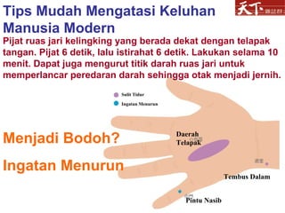 Menjadi Bodoh?  Ingatan Menurun Pijat ruas jari kelingking yang berada dekat dengan telapak tangan. Pijat 6 detik, lalu istirahat 6 detik. Lakukan selama 10 menit. Dapat juga mengurut titik darah ruas jari untuk memperlancar peredaran darah sehingga otak menjadi jernih. Tips Mudah Mengatasi Keluhan Manusia Modern Daerah Telapak Sulit Tidur Ingatan Menurun Pintu Nasib Tembus Dalam 