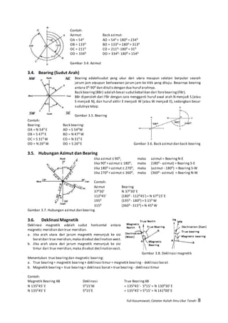 Yuli Kusumawati, Catatan Kuliah Ilmu Ukur Tanah- 8
Contoh:
Azimut: Back azimut:
OA = 540 AO = 540 + 1800 = 2340
OB = 1330 BO = 1330 + 1800 = 3130
OC = 2110 CO = 2110- 1800 = 310
OD = 3340 DO = 3340- 1800 = 1540
Gambar 3.4. Azimut
3.4. Bearing (Sudut Arah)
Bearing adalahsudut yang ukur dari utara maupun selatan berputar searah
jarum jam ataupun berlawanan jarum jam ke titik yang dituju. Besarnya bearing
antara 00-900 dan ditulisdengan dua huruf arahnya.
Back bearing (BBr) adalah besar sudutkebalikan dari forebearing (FBr).
BBr diperoleh dari FBr dengan cara mengganti huruf awal arah N menjadi S (atau
S menjadi N), dan huruf akhir E menjadi W (atau W menjadi E), sedangkan besar
sudutnya tetap.
Gambar 3.5. Bearing
Contoh:
Bearing: Back bearing:
OA = N 540 E AO = S 540W
OB = S 470 E BO = N 470 W
OC = S 310 W CO = N 310 E
OD = N 260 W DO = S 260 E Gambar 3.6. Back azimut dan back bearing
3.5. Hubungan Azimut dan Bearing
Jika azimut ≤ 900, maka azimut = BearingN-E
Jika 900 <azimut ≤ 1800, maka (1800 - azimut) = Bearing S-E
Jika 1800 <azimut ≤ 2700, maka (azimut - 1800) = Bearing S-W
Jika 2700 <azimut ≤ 3600, maka (3600 - azimut) = Bearing N-W
Contoh:
Azimut Bearing
37030’ N 37030’E
112045’ (1800 - 112045’) = N 67015’E
1950 (1950 - 1800) = S 150 W
3150 (3600 - 3150) = N 450 W
Gambar 3.7. Hubungan azimut dan bearing
3.6. Deklinasi Magnetik
Deklinasi magnetik adalah sudut horisontal antara
magnetic meridian dan true meridian.
a. Jika arah utara dari jarum magnetik menunjuk ke sisi
baratdari true meridian,maka disebut declination west.
b. Jika arah utara dari jarum magnetik menunjuk ke sisi
timur dari true meridian,maka disebut declination east.
Gambar 3.8. Deklinasi magnetik
Menentukan true bearingdan magnetic bearing:
a. True bearing= magnetik bearing+ deklinasi timur = magnetik bearing - deklinasi barat
b. Magnetik bearing= true bearing+ deklinasi barat= true bearing - deklinasi timur
Contoh:
Magnetik Bearing AB Deklinasi True BearingAB
N 135045’E 5015’W = 135045’- 5015’= N 130030’E
N 135045’E 5015’E = 135045’+ 5015’= N 141000’E
 