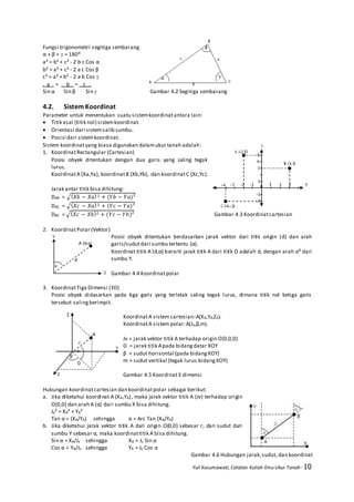 Yuli Kusumawati, Catatan Kuliah Ilmu Ukur Tanah- 10
Fungsi trigonometri segitiga sembarang
α + β +  = 180⁰
a² = b² + c² - 2 b c Cos α
b² = a² + c² - 2 a c Cos β
c² = a² + b² - 2 a b Cos 
. a = b = c .
Sin α Sin β Sin  Gambar 4.2 Segitiga sembarang
4.2. Sistem Koordinat
Parameter untuk menentukan suatu sistemkoordinatantara lain:
 Titik asal (titik nol) sistemkoordinat.
 Orientasi dari sistemsalib sumbu.
 Posisi dari sistemkoordinat.
Sistem koordinatyang biasa digunakan dalamukur tanah adalah:
1. KoordinatRectangular (Cartesian)
Posisi obyek ditentukan dengan dua garis yang saling tegak
lurus.
KoordinatA (Xa,Ya), koordinatB (Xb,Yb), dan koordinatC (Xc,Yc).
Jarak antar titik bisa dihitung:
DAB = √( 𝑋𝑏 − 𝑋𝑎)2 + (𝑌𝑏 − 𝑌𝑎)²
DAC = √( 𝑋𝑐 − 𝑋𝑎)2 + (𝑌𝑐 − 𝑌𝑎)²
DBC = √( 𝑋𝑐 − 𝑋𝑏)2 + (𝑌𝑐 − 𝑌𝑏)² Gambar 4.3 Koordinatcartesian
2. KoordinatPolar (Vektor)
Posisi obyek ditentukan berdasarkan jarak vektor dari titik origin (d) dan arah
garis/sudutdari sumbu tertentu (α).
Koordinat titik A (d,α) berarti jarak titik A dari titik O adalah d, dengan arah α⁰ dari
sumbu Y.
Gambar 4.4 Koordinatpolar
3. KoordinatTiga Dimensi (3D)
Posisi obyek didasarkan pada tiga garis yang terletak saling tegak lurus, dimana titik nol ketiga garis
tersebut salingberimpit.
KoordinatA sistem cartesian:A(XA,YA,ZA).
KoordinatA sistem polar:A(Jv,β,m).
Jv = jarak vektor titik A terhadap origin O(0,0,0)
D = jarak titik Apada bidangdatar XOY
β = sudut horisontal (pada bidangXOY)
m = sudut vertikal (tegak lurus bidangXOY)
Gambar 4.5 Koordinat3 dimensi
Hubungan koordinatcartesian dan koordinatpolar sebagai berikut:
a. Jika diketahui koordinat A (XA,YA), maka jarak vektor titik A (Jv) terhadap origin
O(0,0) dan arah A (α) dari sumbu X bisa dihitung.
Jv² = XA² + YA²
Tan α = (XA/YA) sehingga α = Arc Tan (XA/YA)
b. Jika diketahui jarak vektor titik A dari origin O(0,0) sebesar r, dan sudut dari
sumbu Y sebesar α, maka koordinattitik A bisa dihitung.
Sin α = XA/Jv sehingga XA = Jv Sin α
Cos α = YA/Jv sehingga YA = Jv Cos α
Gambar 4.6 Hubungan jarak,sudut, dan koordinat
 