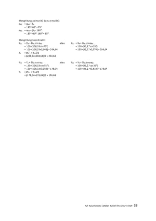 Yuli Kusumawati, Catatan Kuliah Ilmu Ukur Tanah- 18
Menghitung azimut AC dan azimut BC:
αAC = αAB - βA
= 1350-600 =750
αBC = αAB + βB - 180⁰
= 1350+800- 180⁰= 350
Menghitung koordinatC:
XC1 = XA + DAC sin αAC atau XC2 = XB + DBC sin αBC
= 100+(108,33 sin750) = 150+(95,27sin350)
= 100+(108,33x0,966) = 204,64 = 150+(95,27x0,574) = 204,64
Xc = (XC1 + XC2)/2
= (204,64+204,64)/2 = 204,64
YC1 = YA + DAC cos αAC atau YC2 = YB + DBC cos αBC
= 150+(108,33 cos750) = 100+(95,27cos350)
= 150+(108,33x0,259) = 178,04 = 100+(95,27x0,819) = 178,04
Yc = (YC1 + YC2)/2
= (178,04+178,04)/2 = 178,04
 