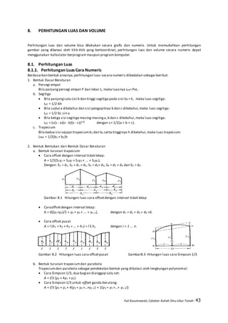 Yuli Kusumawati, Catatan Kuliah Ilmu Ukur Tanah- 43
8. PERHITUNGAN LUAS DAN VOLUME
Perhitungan luas dan volume bisa dilakukan secara grafis dan numeris. Untuk memudahkan perhitungan
gambar yang dibatasi oleh titik-titik yang berkoordinat, perhitungan luas dan volume secara numeris dapat
menggunakan kalkulator berprogram maupun program komputer.
8.1. Perhitungan Luas
8.1.1. Perhitungan Luas Cara Numeris
Berdasarkan bentuk areanya,perhitungan luas secara numeris dibedakan sebagai berikut:
1. Bentuk Dasar Beraturan
a. Persegi empat
Bila panjangpersegi empat P dan lebar L, maka luasnya LPE=PxL.
b. Segitiga
 Bila panjangsatu sisi b dan tinggi segitiga pada sisi itu =h, maka luas segitiga:
LST = 1/2 bh
 Bila suduta diketahui dan sisi pengapitnya b dan c diketahui,maka luas segitiga:
LST = 1/2 bc sin a
 Bila ketiga sisi segitiga masing-masing a,b dan c diketahui,maka luas segitiga:
LST = (s(s - a)(s - b)(s - c))1/2 dengan s= 1/2(a + b + c).
c. Trapesium
Bila kedua sisi sejajartrapesium b1 dan b2 serta tingginya h diketahui,maka luas trapesium:
LTRP = 1/2(b1 + b2)h
2. Bentuk Bentukan dari Bentuk Dasar Beraturan
a. Bentuk turunan trapesium
 Cara offset dengan interval tidak tetap:
A = 1/2(S1y1 + S2y2 + S3y3 + ... + Snyn),
Dengan: S1 = d1, S2 = d1 + d2, S3 = d2+ d3, S4 = d3 + d4 dan S5 = d4.
Gambar 8.1 Hitungan luas cara offsetdengan interval tidak tetap
 Caraoffsetdengan interval tetap:
A = d{(y1+y2)/2 + y2 + y3 + ... + yn-1}, dengan d1 = d2 = d3 = d4 =d.
 Cara offset pusat
A = l (h1 + h2 + h3 + ... + hn) = l S hi, dengan i = 1 ... n.
Gambar 8.2 Hitungan luas cara offsetpusat Gambar8.3 Hitungan luas cara Simpson 1/3
b. Bentuk turunan trapesiumdan parabola
Trapesiumdan parabola sebagai pendekatan bentuk yang dibatasi oleh lengkungan polynomial:
 Cara Simpson 1/3, dua bagian dianggap satu set:
A = l/3 (y0 + 4y1 + y2)
 Cara Simpson 1/3 untuk offset ganda berulang:
A = l/3 {y0 + yn + 4(y2 + y4 +...+yn-1) + 2(y3 + y5 +...+ yn-2)}
 