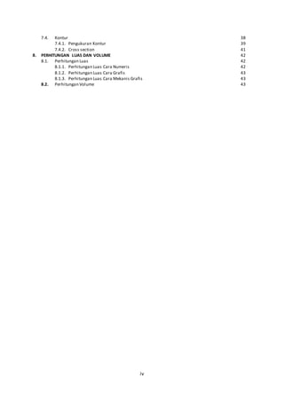 iv
7.4. Kontur 38
7.4.1. Pengukuran Kontur 39
7.4.2. Cross section 41
8. PERHITUNGAN LUAS DAN VOLUME 42
8.1. Perhitungan Luas 42
8.1.1. Perhitungan Luas Cara Numeris 42
8.1.2. Perhitungan Luas Cara Grafis 43
8.1.3. Perhitungan Luas Cara Mekanis Grafis 43
8.2. Perhitungan Volume 43
 