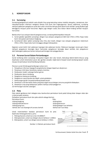 Yuli Kusumawati, Catatan Kuliah Ilmu Ukur Tanah- 1
1. KONSEP DASAR
1.1. Surveying
Surveying (pengukuran) adalah suatu disiplin ilmu yang mencakup semua metode mengukur, memproses, dan
menyebarluaskan informasi mengenai bentuk fisik bumi dan lingkungannya. Secara sederhana, surveying
meliputi pekerjaan pengukuran jarak dan sudut. Jarak bisa berupa jarak dalam arah vertikal (yang disebut juga
ketinggian) maupun jarak horisontal. Begitu juga dengan sudut, bisa diukur dalam bidang vertikal maupun
horisontal.
Berdasarkan luascakupan daerah pengukurannya,surveyingdikelompokkan menjadi:
1. Survei geodesi (geodetic surveying), dengan luas cakupan pengukuran lebih dari 37km x 37km. Rupa muka
bumi merupakan permukaan lengkung.
2. Surveitanah datar (plane surveying) atau ilmu ukur tanah, dengan luas cakupan pengukuran maksimum
37km x 37km. Rupa muka bumi dianggap sebagai bidangdatar.
Kegiatan survei terdiri dari pekerjaan lapangan dan pekerjaan kantor. Pekerjaan lapangan secara garis besar
meliputi pengukuran kerangka dasar horisontal, pengukuran kerangka dasar vertikal, dan pengukuran
detil.Sedangkan pekerjaan kantor meliputi perhitungan dan penggambaran.
1.2. Peranan Survei Dalam Pertambangan
Survei tambang (mine surveying) merupakan bagian dari ukur tanah, mencakup teknik-teknik khusus yang
diperlukan untuk menentukan posisi dan gambar proyeksi objek baik di bawah tanah (tambang bawah tanah)
maupun di permukaan tanah (tambang terbuka).
Peranan survei di bidangpertambangan antara lain:
1. Penyediaan informasi topografi yangberkaitan dengan keperluan eksplorasi.
2. Penentuan titik lokasi boreholes,testpits,trenches.
3. Pembuatan model cadangan bahan galian.
4. Pembuatan desain tambang.
5. Pengukuran kemajuan tambang.
6. Pengukuran space-border dan depth untuk peledakan.
7. Pemasangan guide linepada tambang bawah tanah.
8. Penentuan arah dan batas-batas yangakan digali sesuai dengan rencana yangtelah ditetapkan.
9. Penentuan area yang mempunyai potensi bahaya untuk penggalian.
10.Perhitungan volume cadangan.
1.3. Peta
Peta adalah gambaran dari sebagian atau keseluruhan permukaan bumi pada bi dang datar dengan skala dan
sistemproyeksi tertentu.
Perbedaan permukaan bumi dan peta adalah sebagai berikut:
Permukaan bumi: Peta:
-bidanglengkung -bidangdatar
-bidangtidak beraturan -bidangberaturan
-bidangyang luas -bidangdengan luas terbatas
-bentuk dan luas dipengaruhi proses alamiah -bentuk dan luas tetap
Untuk memindahkan keadaan permukaan bumi ke peta
diperlukan bidangperantara,yaitu:
1. Bidangelipsoid,untuk luas area ≥55.000km².
2. Bidangbulatan,untuk luas dengan ukuran terbesar ≤ 100km.
3. Bidangdatar,untuk luas dengan ukuran terbesar ≤ 55km.
Gambar 1.1 Bentuk permukaan bumi
 