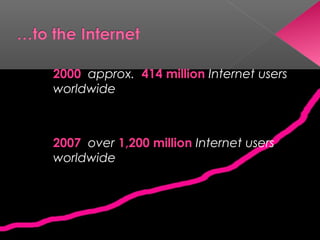 2000 approx. 414 million Internet users
worldwide

2007 over 1,200 million Internet users
worldwide

 