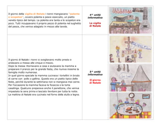 Il giorno della vigilia di Natale i nonni mangiavano “polenta        4^ unità
e scopeton”, ovvero polenta e pesce essiccato, un piatto           informativa
veneto tipico del tempo. La polenta era tanta e lo scopeton era
poco. Tutti inzuppavano il proprio pezzo di polenta nel sughetto    La vigilia
del pesce, che veniva adagiato in mezzo alla tavola.                di Natale




Il giorno di Natale i nonni si svegliavano molto presto e
andavano a messa alle cinque e mezzo.
Dopo la messa ritornavano a casa e aiutavano la mamma a
preparare il pranzo per la grande festa, che riuniva insieme la
famiglia molto numerosa.                                             5^ unità
In quel giorno speciale la mamma cucinava i tortellini in brodo    informativa
di carne con pollo o gallina. Questo era un piatto tipico delle
                                                                    Il giorno
feste, perché durante la settimana non si mangiava mai carne.       di Natale
Per l’occasione la mamma faceva la focaccia o la torta
casalinga. Qualcuno preparava anche il panettone, che veniva
impastato la sera prima e lasciato lievitare per tutta la notte.
La mattina di Natale era cucinato nel forno della stufa a legna.
 