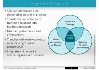 ©AXELOSLtd.2013.MaterialisreproducedunderlicencefromAXELOS.
Project Management Programme Management Portfolio Management
The planning, delegating,
monitoring and control of all
aspects of the project, and the
motivation of those involved, to
achieve the project objectives
within the expected
performance targets for time,
cost, quality, scope, benefits
and risks.
The action of carrying out the
coordinated organization,
direction and implementation
of a dossier of projects and
transformation activities to
achieve outcomes and realize
benefits of strategic importance
to the business.
A coordinated collection of
strategic processes and
decisions that together enable
the most effective balance of
organizational change and
business as usual (BAU).
6M01 - Introduction to programme management and MSP 4/26 | 19/296
 