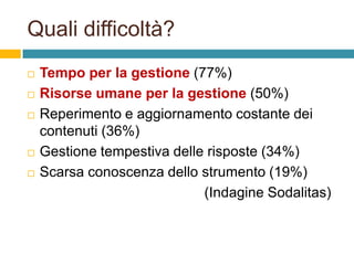 Quali difficoltà?







Tempo per la gestione (77%)
Risorse umane per la gestione (50%)
Reperimento e aggiornamento costante dei
contenuti (36%)
Gestione tempestiva delle risposte (34%)
Scarsa conoscenza dello strumento (19%)
(Indagine Sodalitas)

 